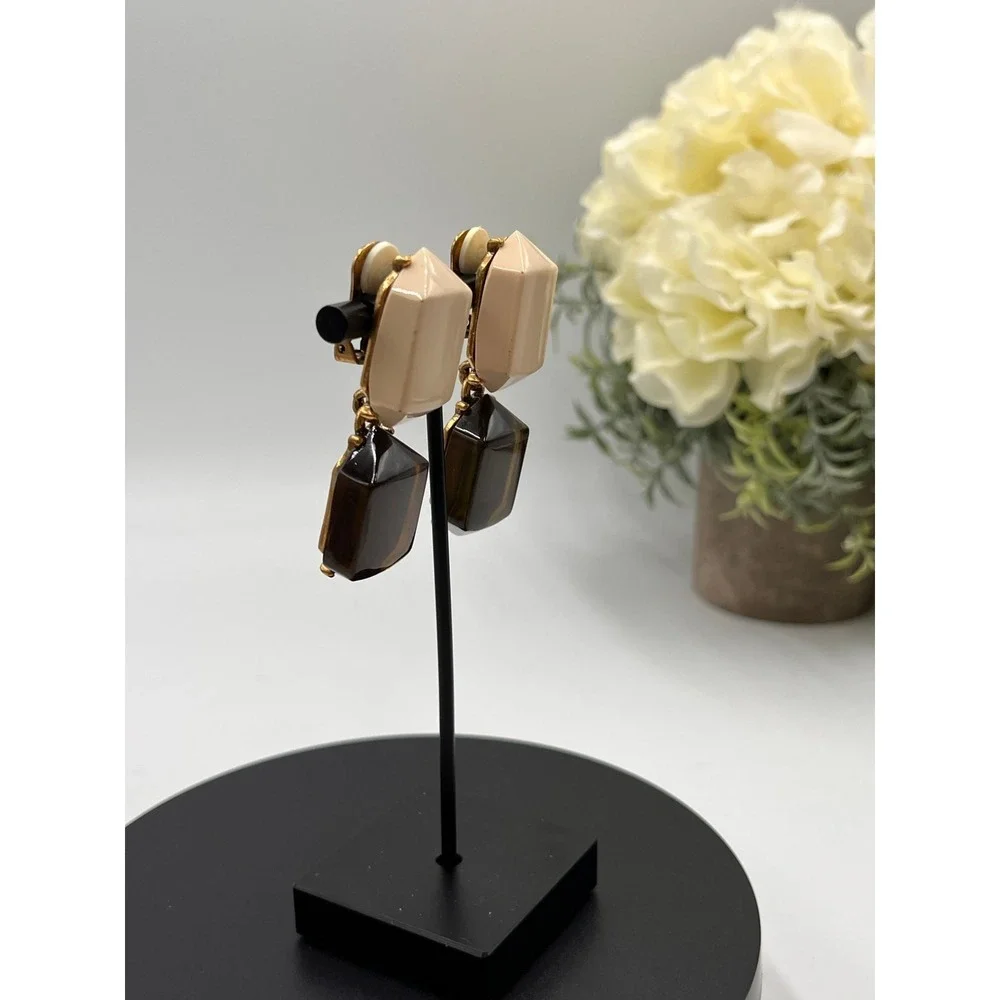 Oscar de la Renta Designer Tan Black Resin Drop Dangle Clip‎ on Earrings